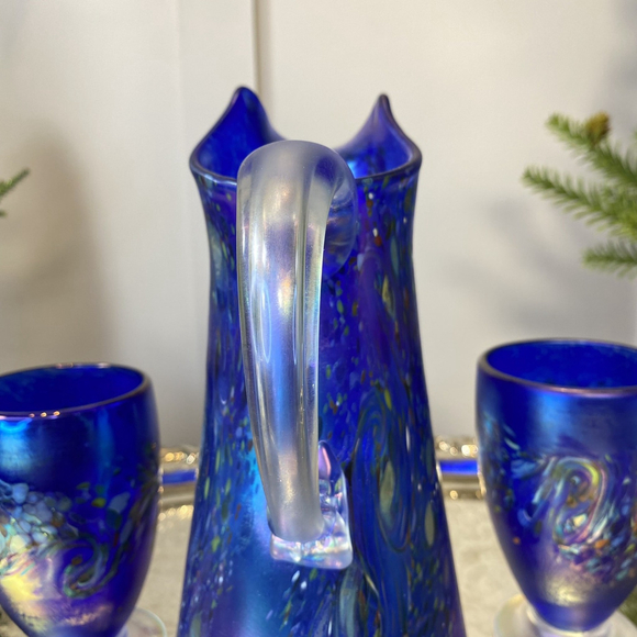 Hand Blown Venetian Italian Art Glass pitcher and glasses set Blue Color signed - Picture 4 of 14